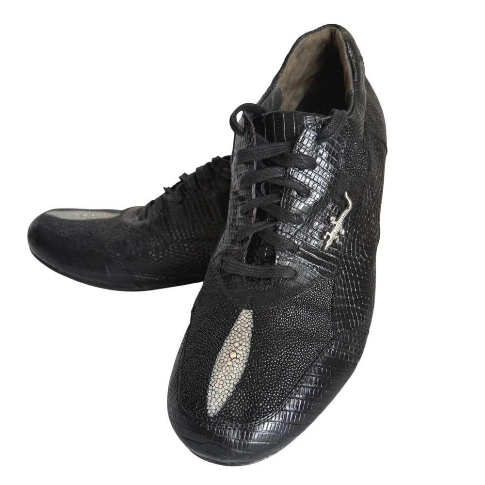 Belvedere Exotic Skin Sneakers Mens Black Stingray Caiman Lizard Luxury Trainers